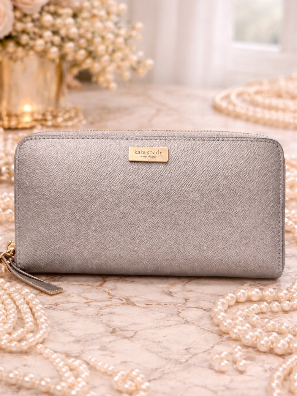 kate spade Metallic Silver Saffiano Zip Wallet